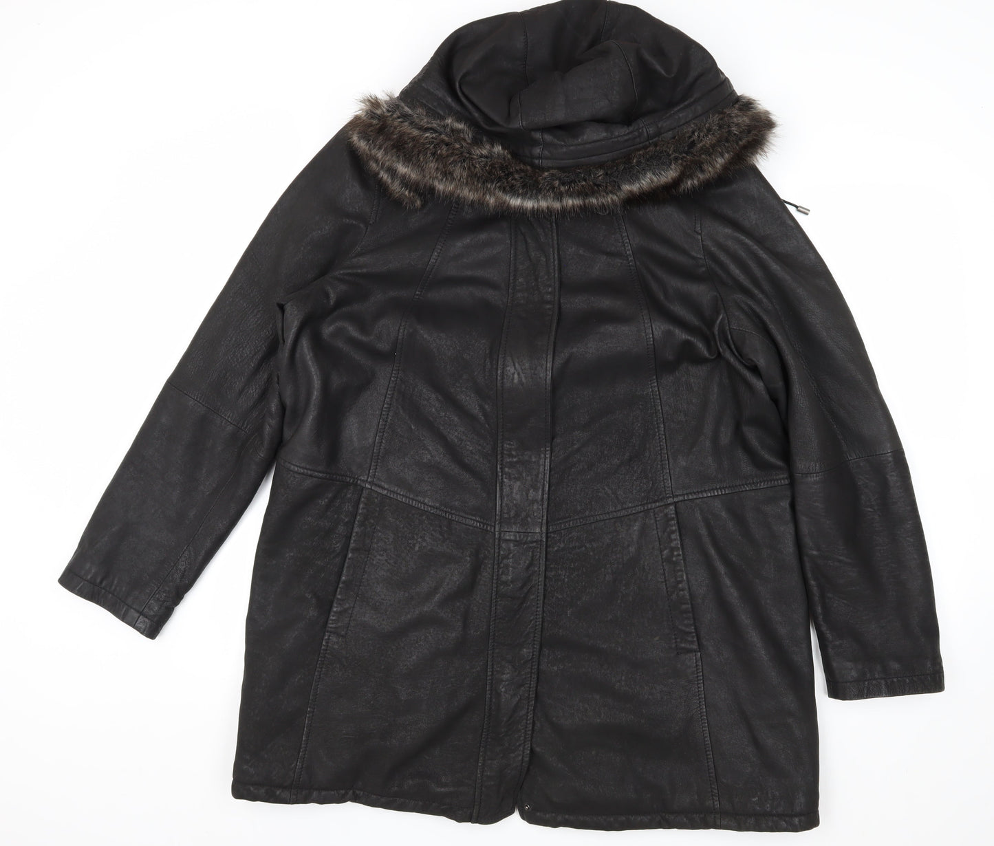 Lakeland Women's Black Leather Fur Trim Coat Size 16