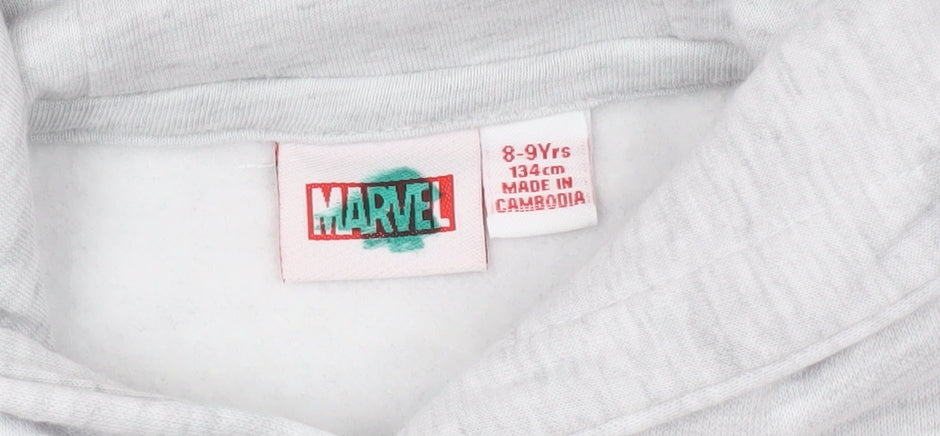Close-up detail of Marvel boys’ grey black panther pullover hoodie 8-9 years