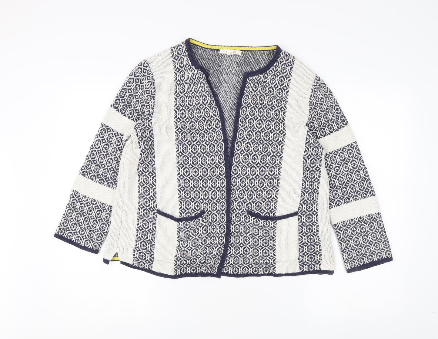 White Stuff Women's Blue Geometric Open Front Cardigan Size 14