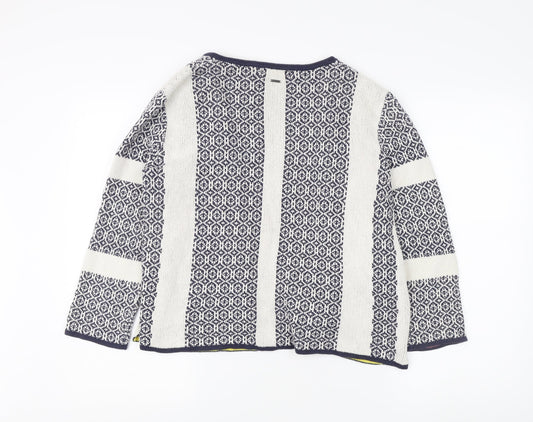 White Stuff Women's Blue Geometric Open Front Cardigan Size 14