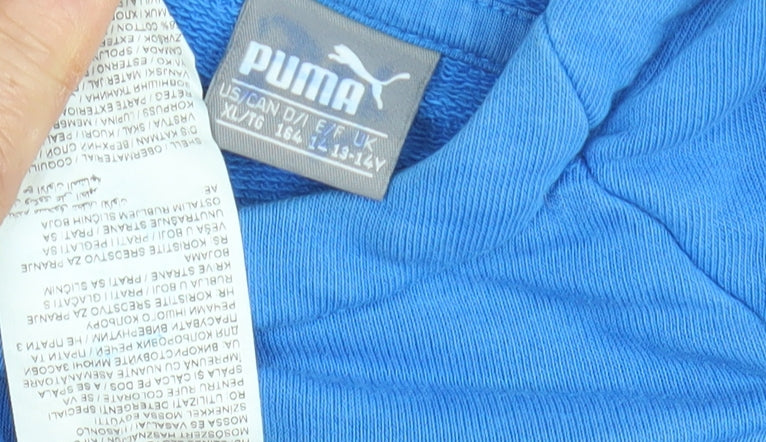 Close-up detail of Puma boys’ blue hoodie, size L, pullover style, logo accent