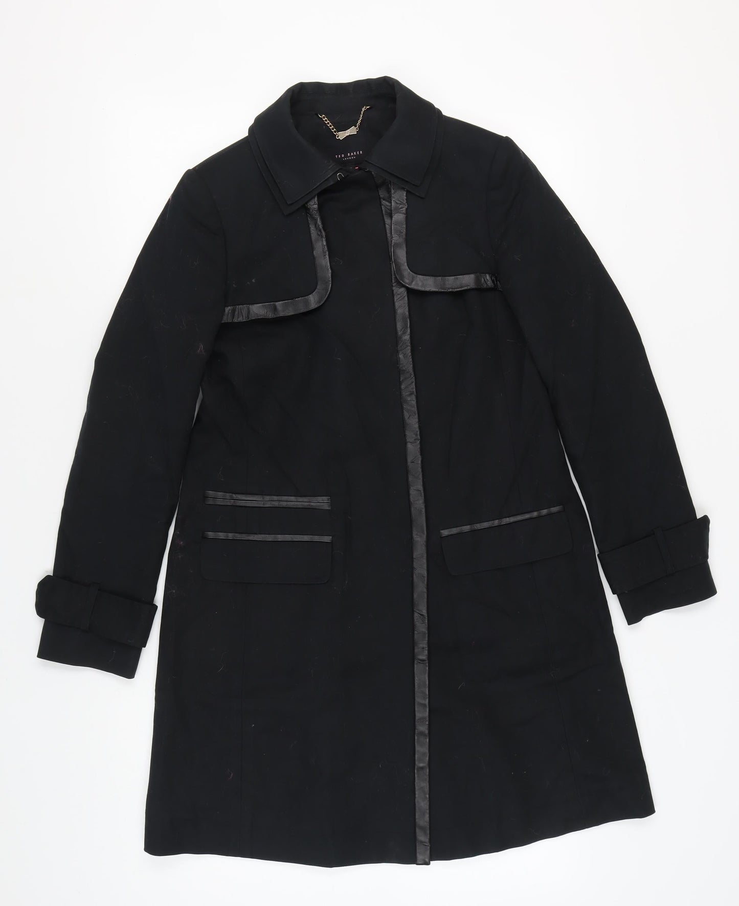 Ted Baker Women's Black Wool Coat Size 2 with Leather Trim