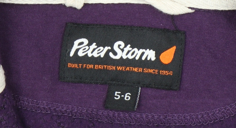 Brand and care label for Peter Storm girls’ purple fleece jacket, size 5-6, years