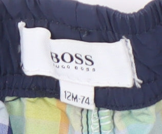Close-up detail of BOSS boys’ multicoloured plaid shorts 12m elastic waist