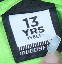 Brand and care label for Muddyfox boys’ green windbreaker jacket 13 years