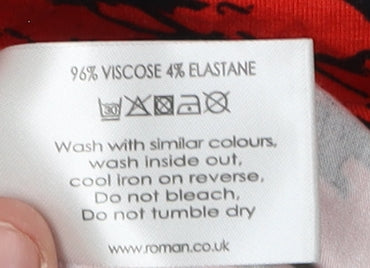 Brand and care label for Roman Women’s Red Tunic 3/4 Sleeve Animal Print