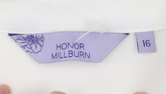 Brand and care label for Honor Millburn Women's White Button-Up Shirt, size 16