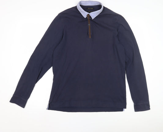 Massimo Dutti Men's Blue Cotton Long Sleeve Polo L