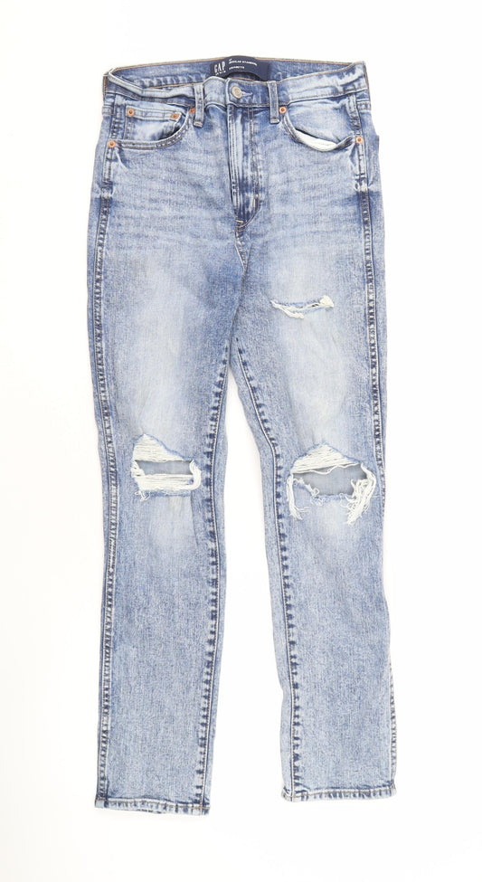 Additional front view of Gap women’s blue distressed straight jeans, size UK 27