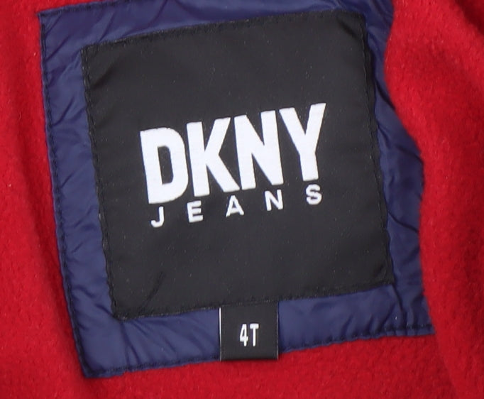 Brand and care label for DKNY boys’' colourblock puffer jacket, hooded, size 4 plus