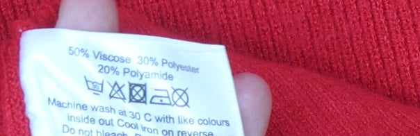 Brand and care label for Roman Women's Red V-Neck jumper, size 16