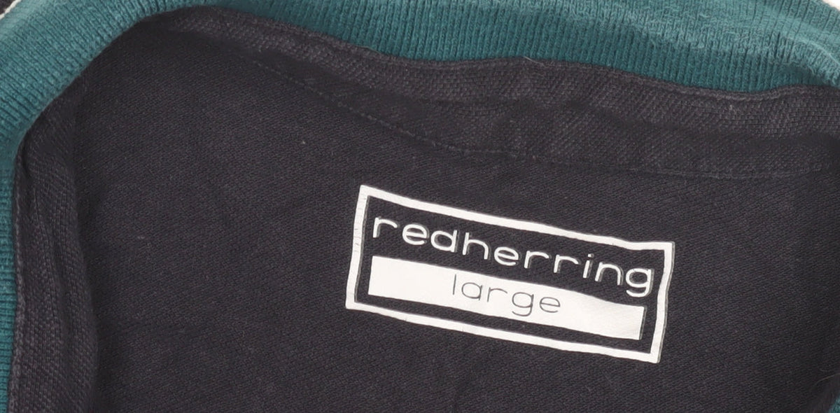 Close-up detail of Red Herring Men's Blue Colourblock Polo, Large