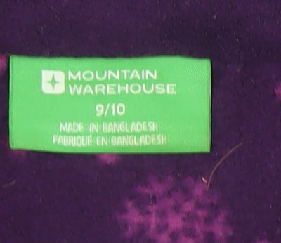 Brand and care label for Mountain Warehouse girls’ purple snowflake fleece jacket, size 9-10