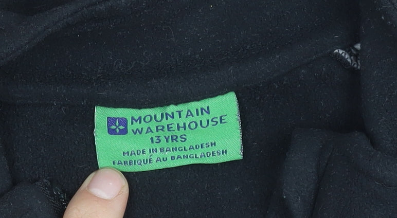 Brand and care label for Mountain Warehouse boys’ black fleece jacket 13y, full zip