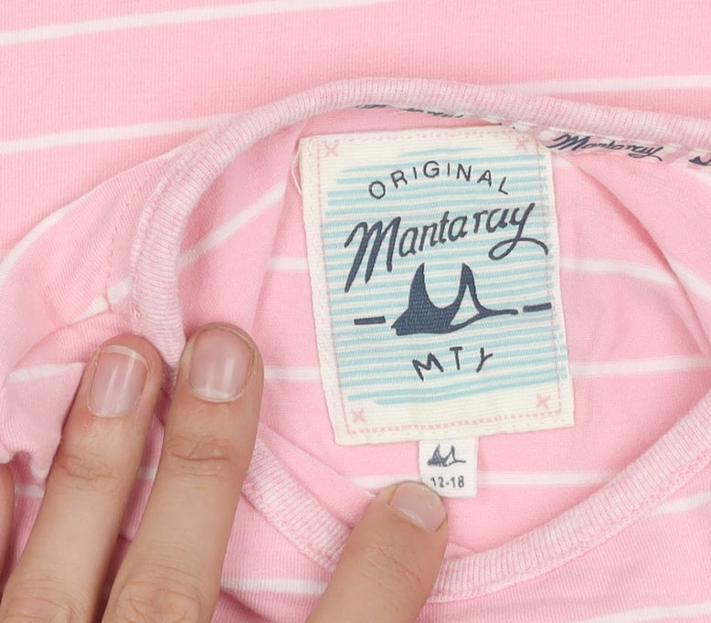 Brand and care label for Mantaray girls’ pink striped t-shirt 12-18 months