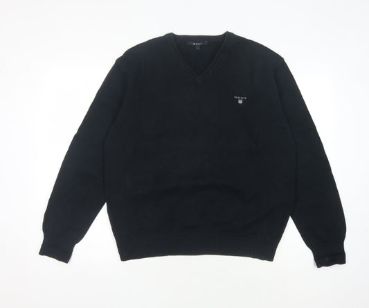 GANT Men's Black V-Neck Cotton Pullover Jumper, Size L