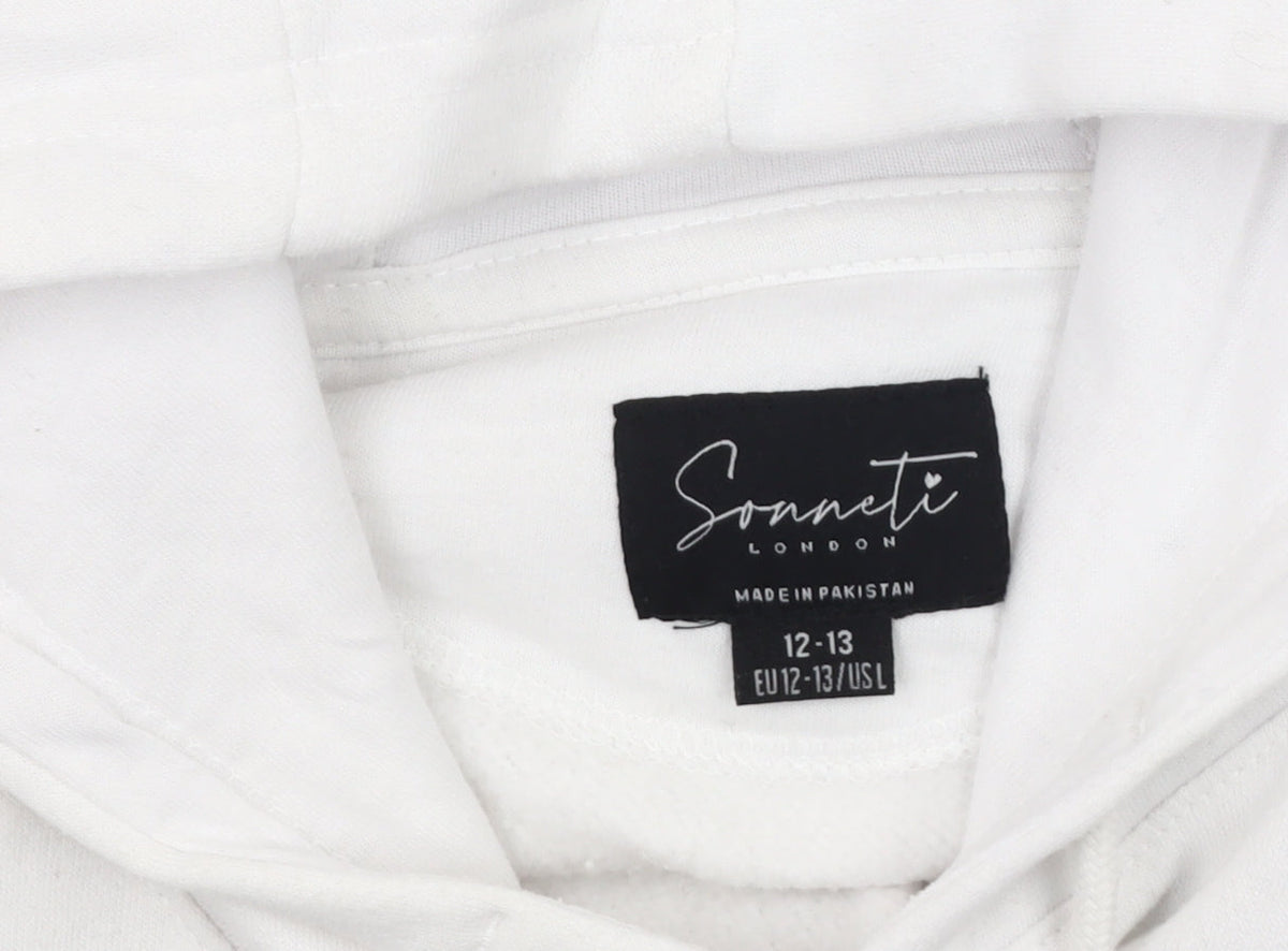 Close-up detail of Sonneti girls’ white pullover hoodie 12-13 years