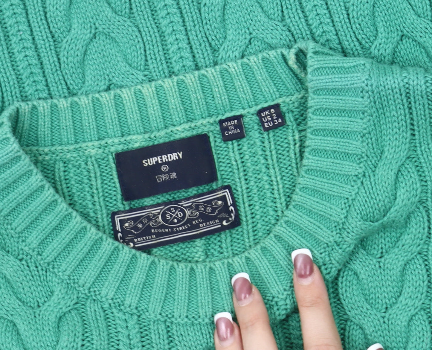 Superdry Women's Green Cable-Knit Jumper Size 6