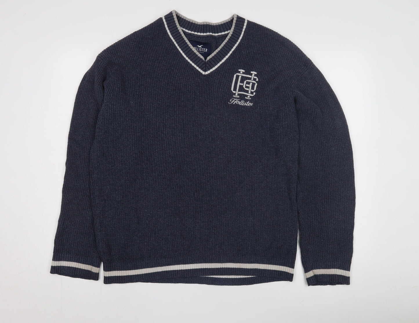 Hollister Men's Blue V-Neck Knit Jumper L, Logo Accent