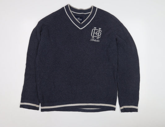 Hollister Men's Blue V-Neck Knit Jumper L, Logo Accent