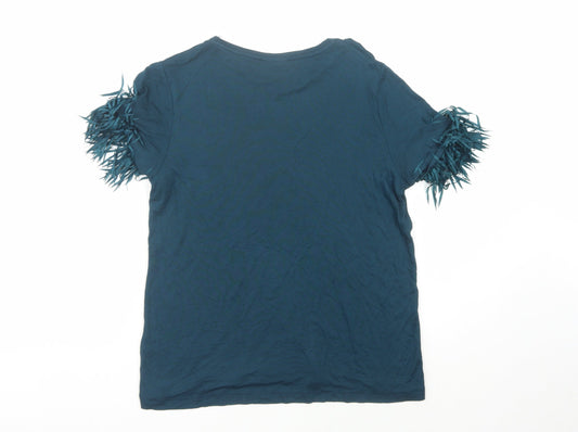 Oliver Bonas Women's Blue Fringe Flare Sleeve T-Shirt