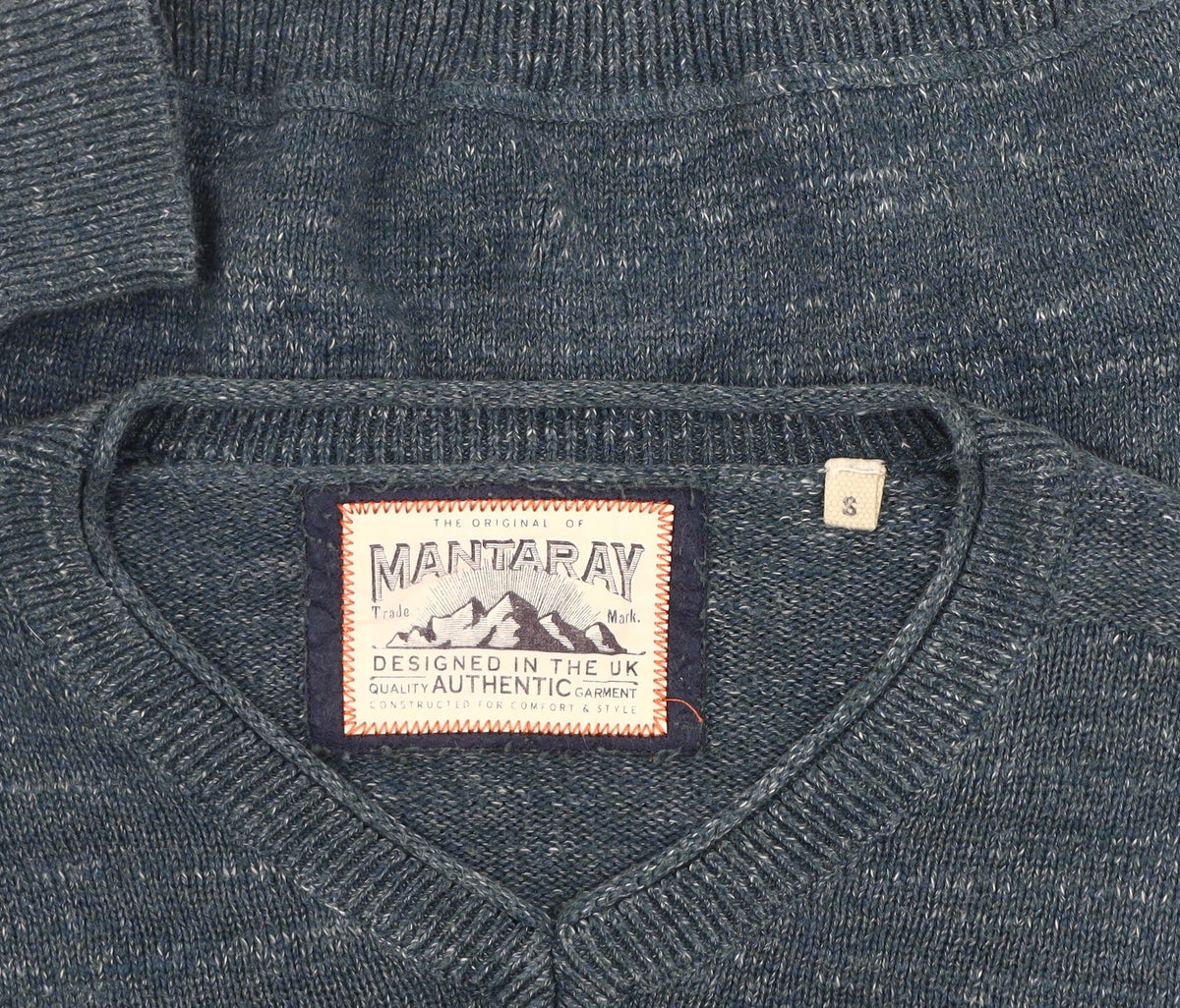 Close-up detail of Mantaray Men's Blue Knit jumper, size S