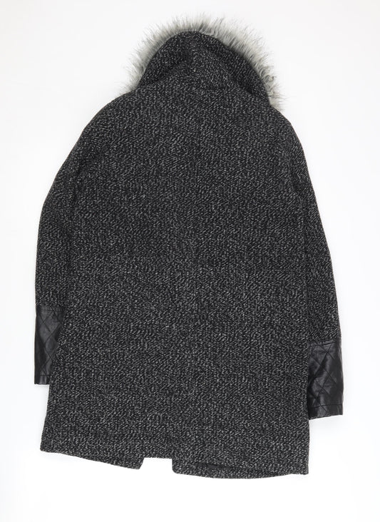 New Look Women's Black Faux Fur Trim Coat Size 8