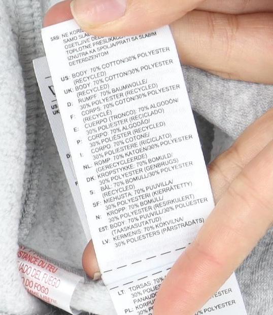Brand and care label for Adidas boys’ grey blue pullover hoodie - 11-12 years