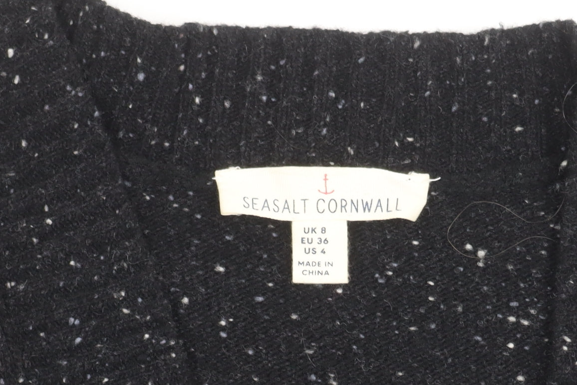 Seasalt Cornwall Black Wool Knit Women's Open Front Cardigan Size 8
