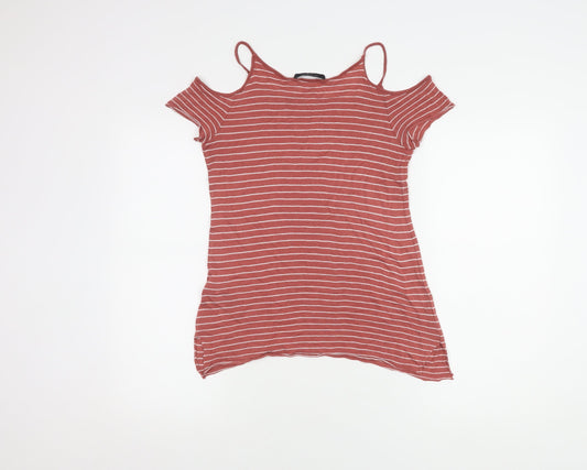AllSaints Women's XS Red Striped Cold Shoulder Top
