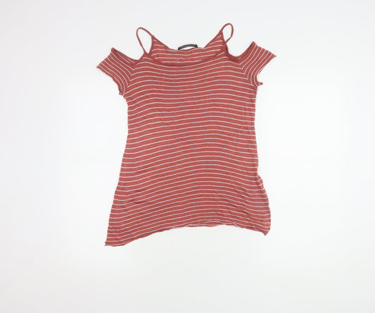 AllSaints Women's XS Red Striped Cold Shoulder Top