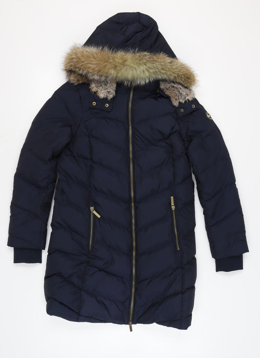 Michael Kors Women's Blue Puffer Jacket Fur Hood S