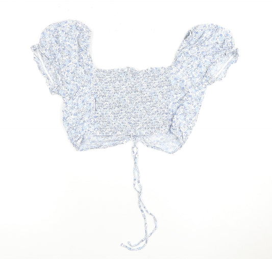 Hollister Women's Blue Floral Cropped Puff Sleeve Top