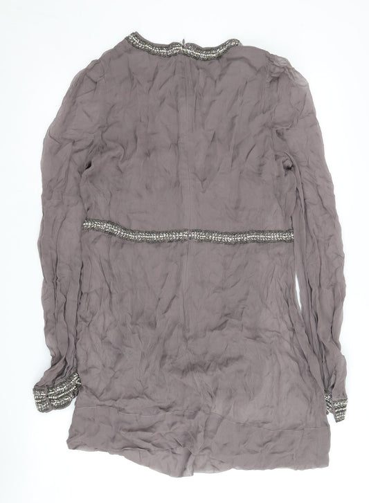 French Connection Women's Grey Silk Embroidered V-Neck Top