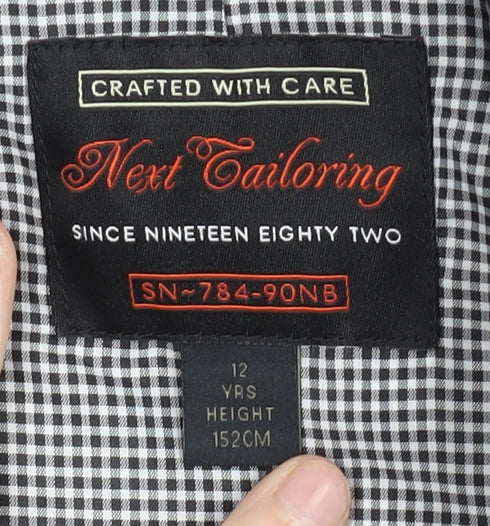Brand and care label for Next boys’ grey suit jacket, 12 years, formal gingham