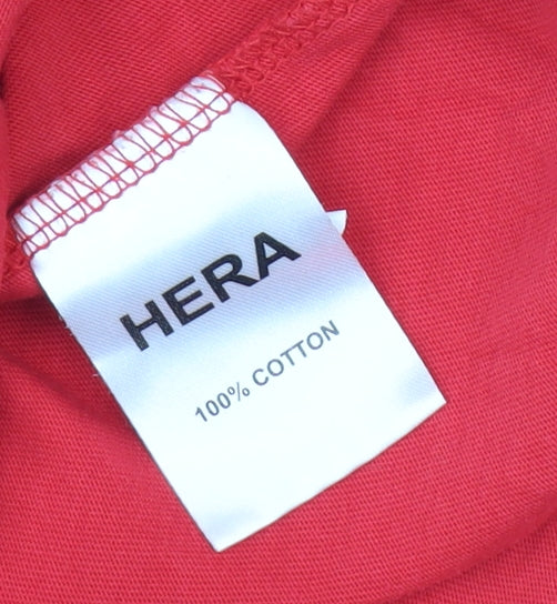 Brand and care label for HERA Men's Red T-Shirt, size S, Casual Short Sleeve