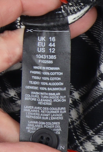Brand and care label for ASOS DESIGN Women's Black Plaid Button-Up Shirt, size 16