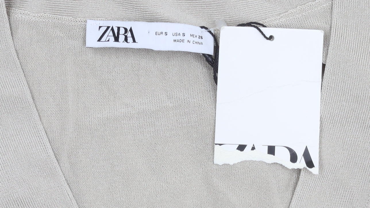 Zara Women's Beige Full Zip V-Neck Jumper, Size S