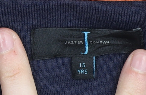 Brand and care label for Jasper Conran boys’' blue track jacket, 15 years, full zip style