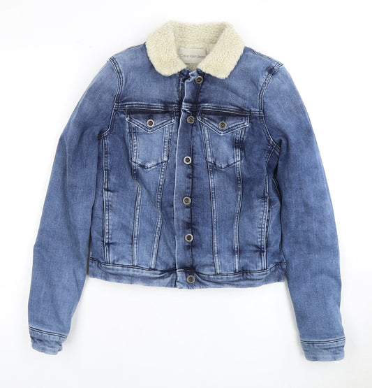 Calvin Klein Women's Blue Denim Jacket, Size S, Biker Style