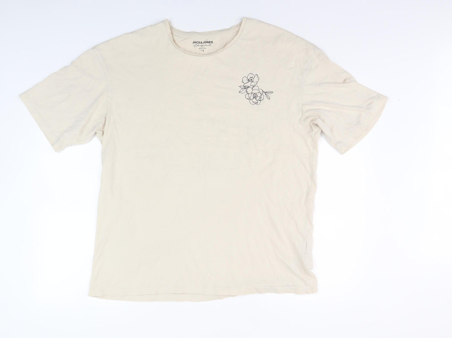 Jack & Jones Men's Beige Floral T-Shirt, Size L, Cotton, Graphic