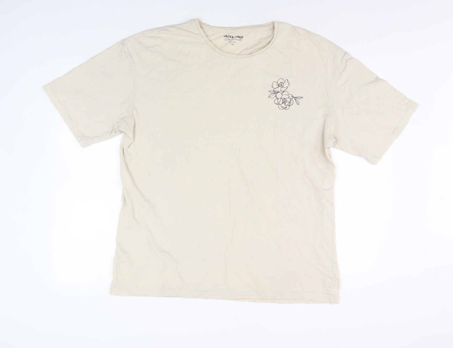Jack & Jones Men's Beige Floral Graphic T-Shirt - L