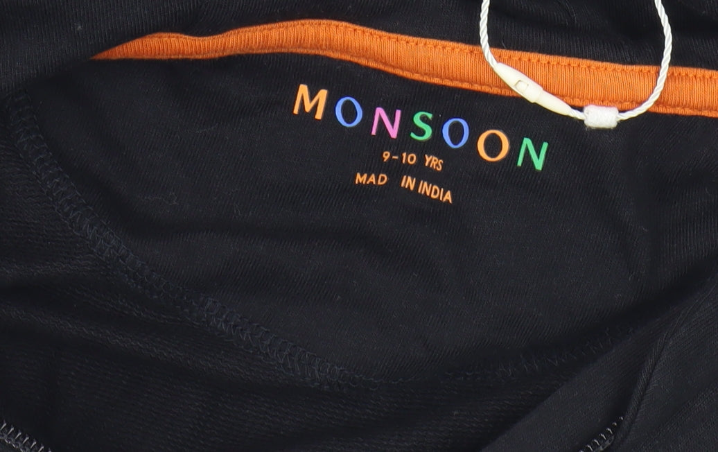 Close-up detail of Monsoon boys’' black hooded jacket 9-10 years