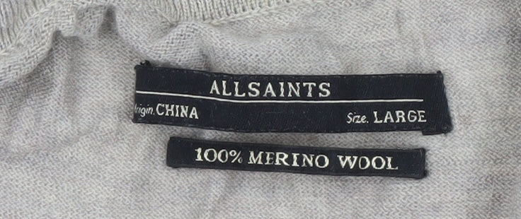 AllSaints Women's Grey Merino Wool Open Front Cardigan, L, Open Style
