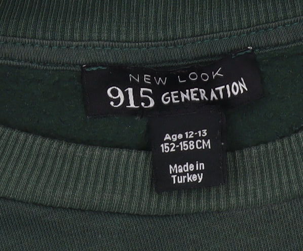 Brand and care label for New Look girls’ green pullover sweatshirt -, size 12-13