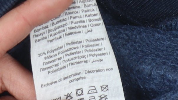 Brand and care label for Jack & Jones boys’ blue pullover hoodie, size 12y
