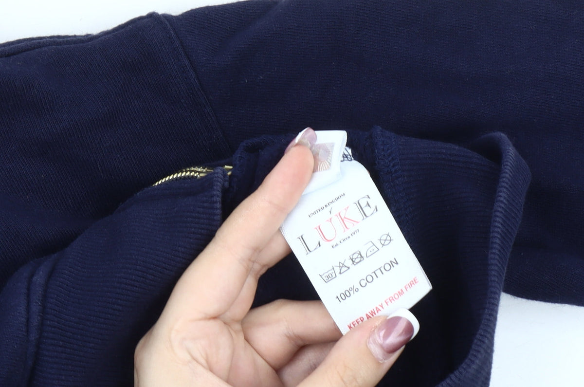 Brand and care label for Luke boys’ blue cotton hooded jacket 6-7 years zip casual