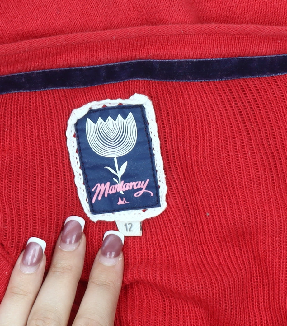 Close-up detail of Mantaray Women's Red Embroidered Cardigan, size 12