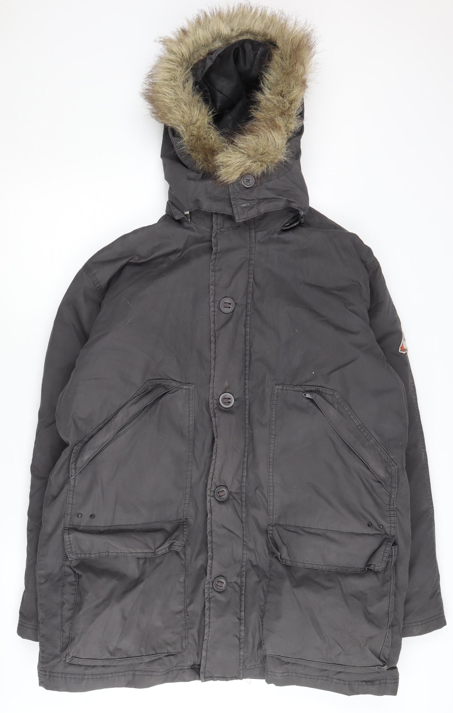 Fat Face Men's Black Parka Coat with Hood – M