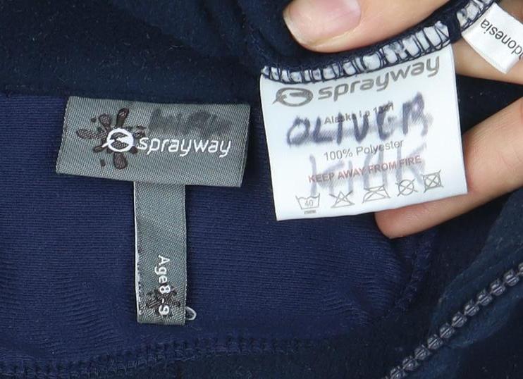 Close-up detail of Sprayway boys’ blue full-zip jacket age 8-9 years